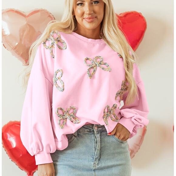 Embroidered Bow Lantern Sleeve Oversized Pullover Sweatshirt Kawaii - Picture 5 of 8